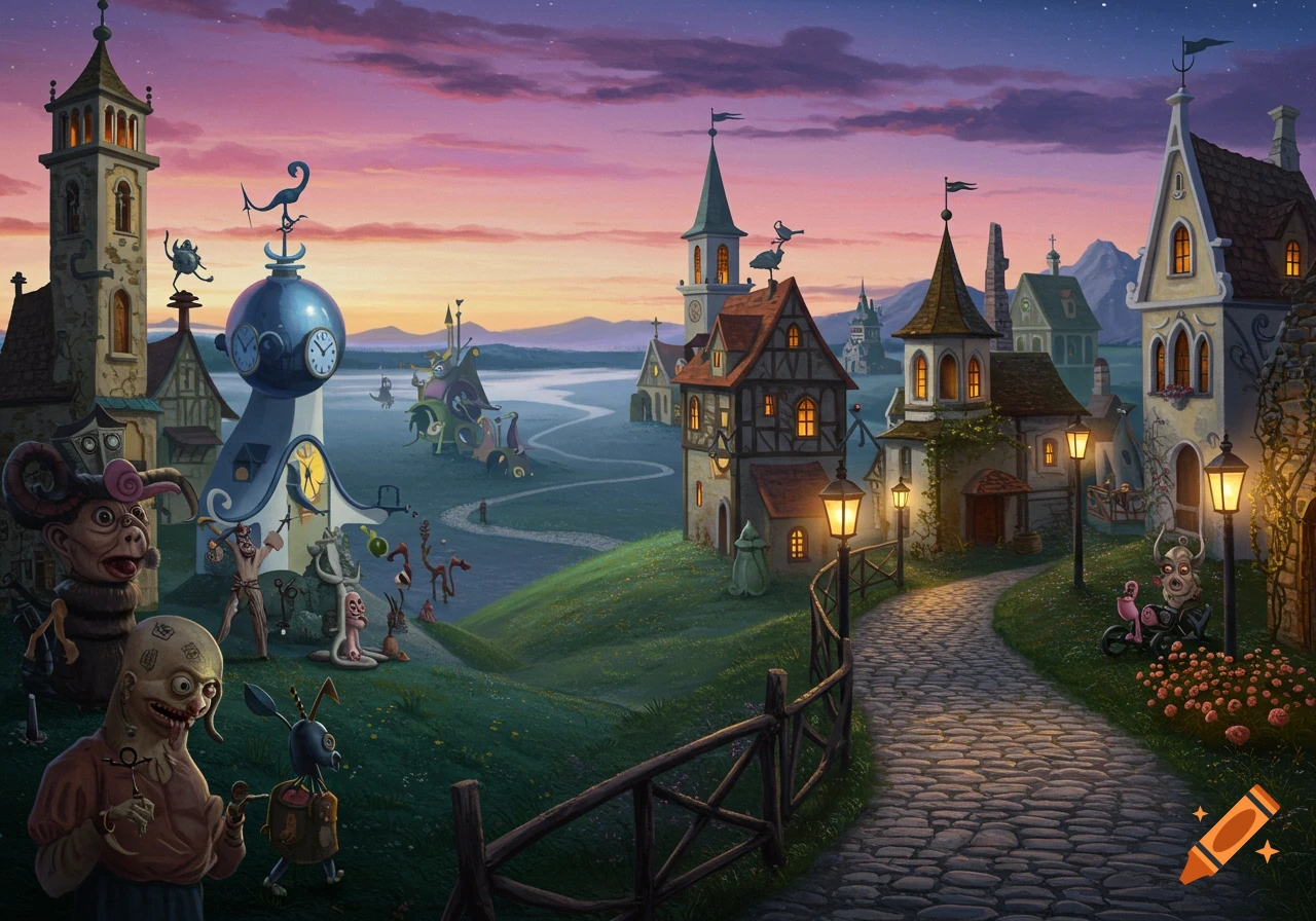 A vibrant, surreal village at dusk with whimsical, distorted buildings and grotesque, doll-like creatures wandering about, in a painterly style.