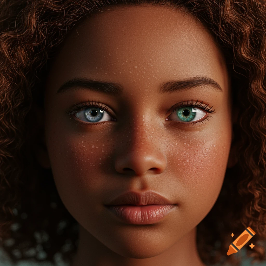 Close-up hyperrealistic portrait of a girl with warm brown skin, heterochromatic blue and green eyes, and many freckles.