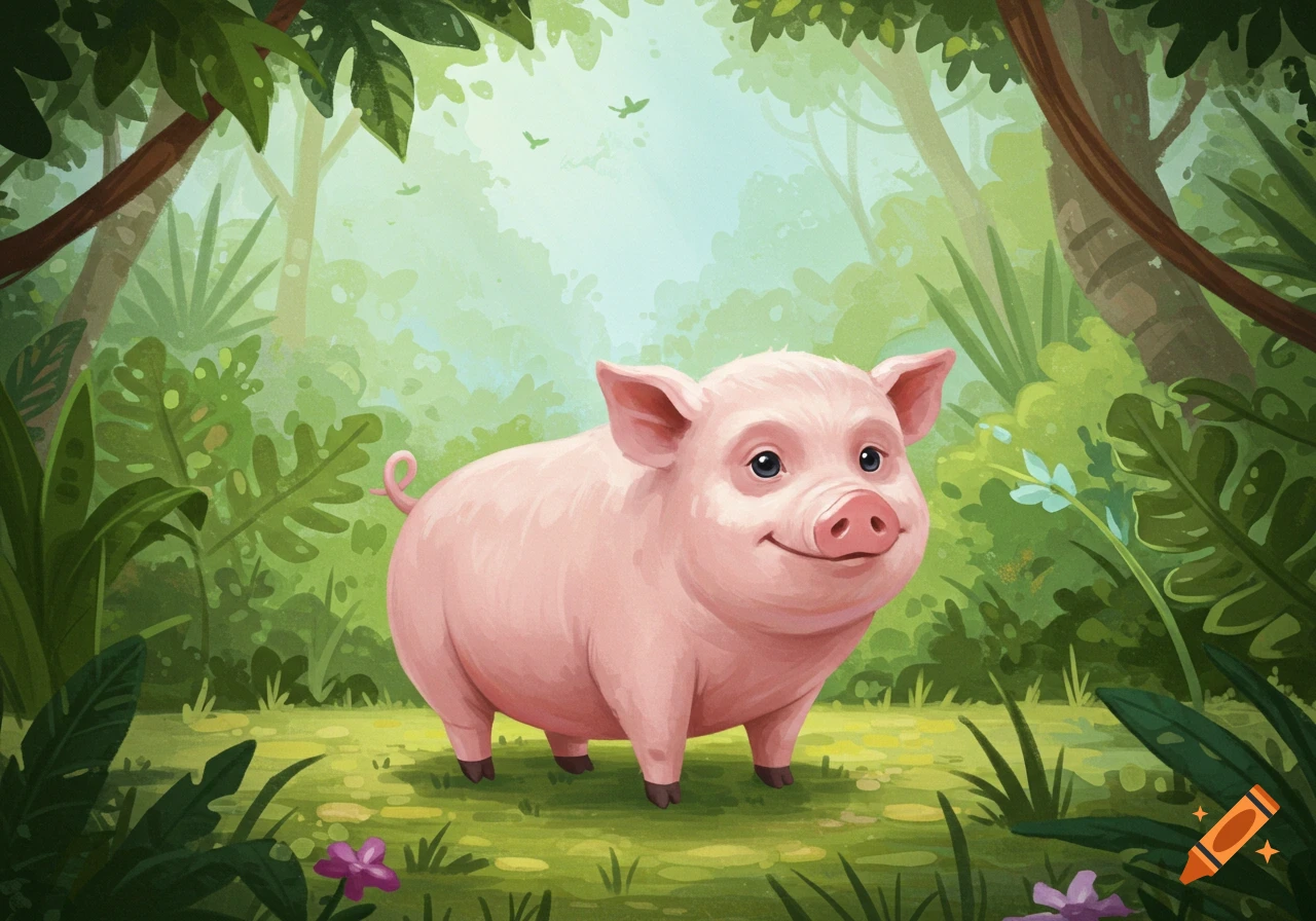 A smiling pink pig stands in a lush green jungle with trees and foliage.