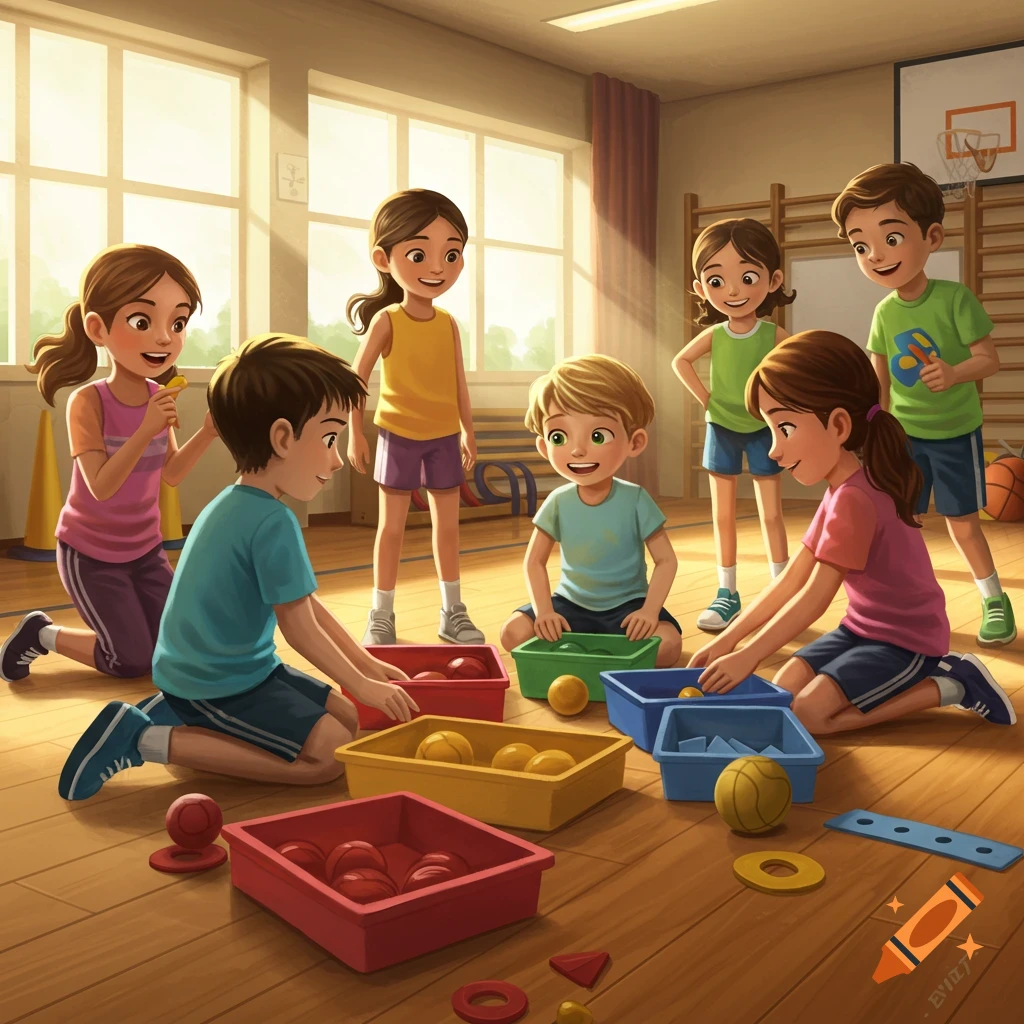 Illustration of young children in a gym class, sitting and kneeling on the wooden floor, sorting colorful blocks and balls into different colored bins. The room is bright with large windows.