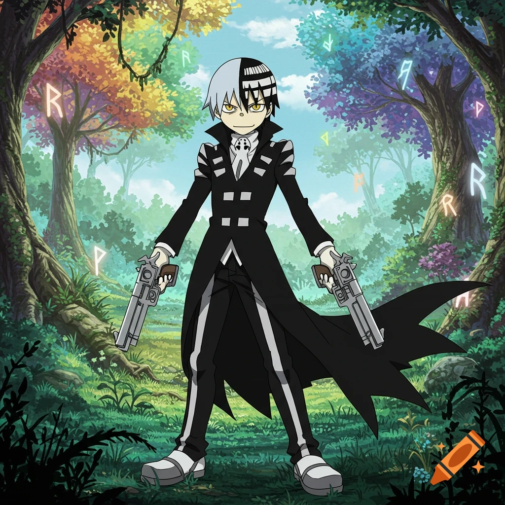 Death the Kid, an anime character, stands in a vibrant forest, holding two revolvers, with glowing runes floating around the colorful trees.