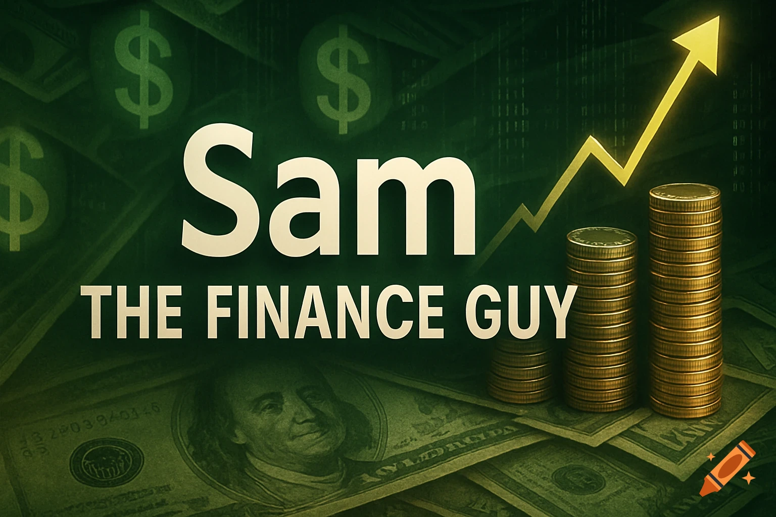Graphic of coins, dollar bills, and an upward arrow on a green background with text 'Sam THE FINANCE GUY'.