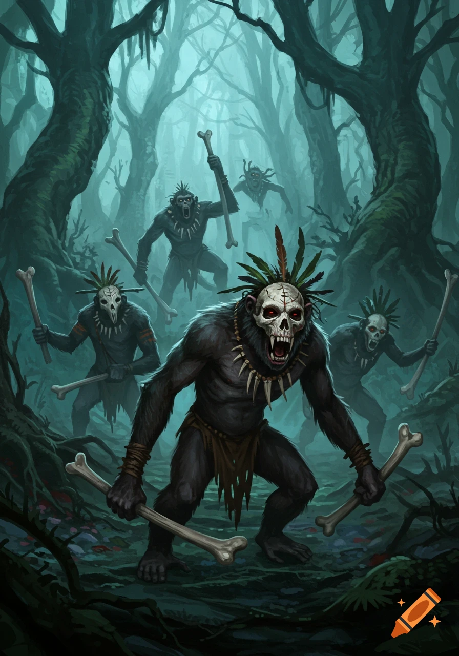 A group of hairy, tribal monkey-like creatures wearing skull masks wield bones and aggressively posture in a dark, misty fantasy horror forest.