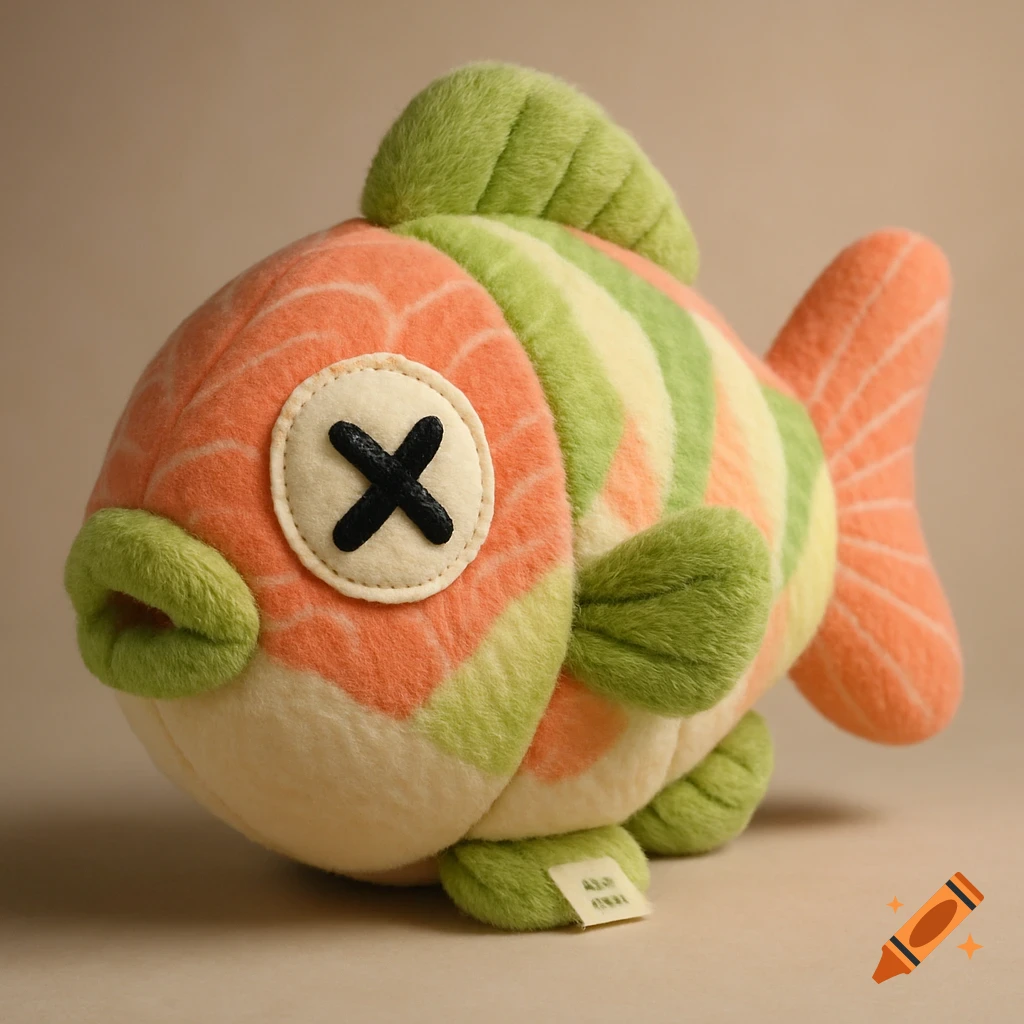 A vibrant plush fish toy with orange, green, and yellow stripes resembling sushi, featuring a black 'X' for an eye.
