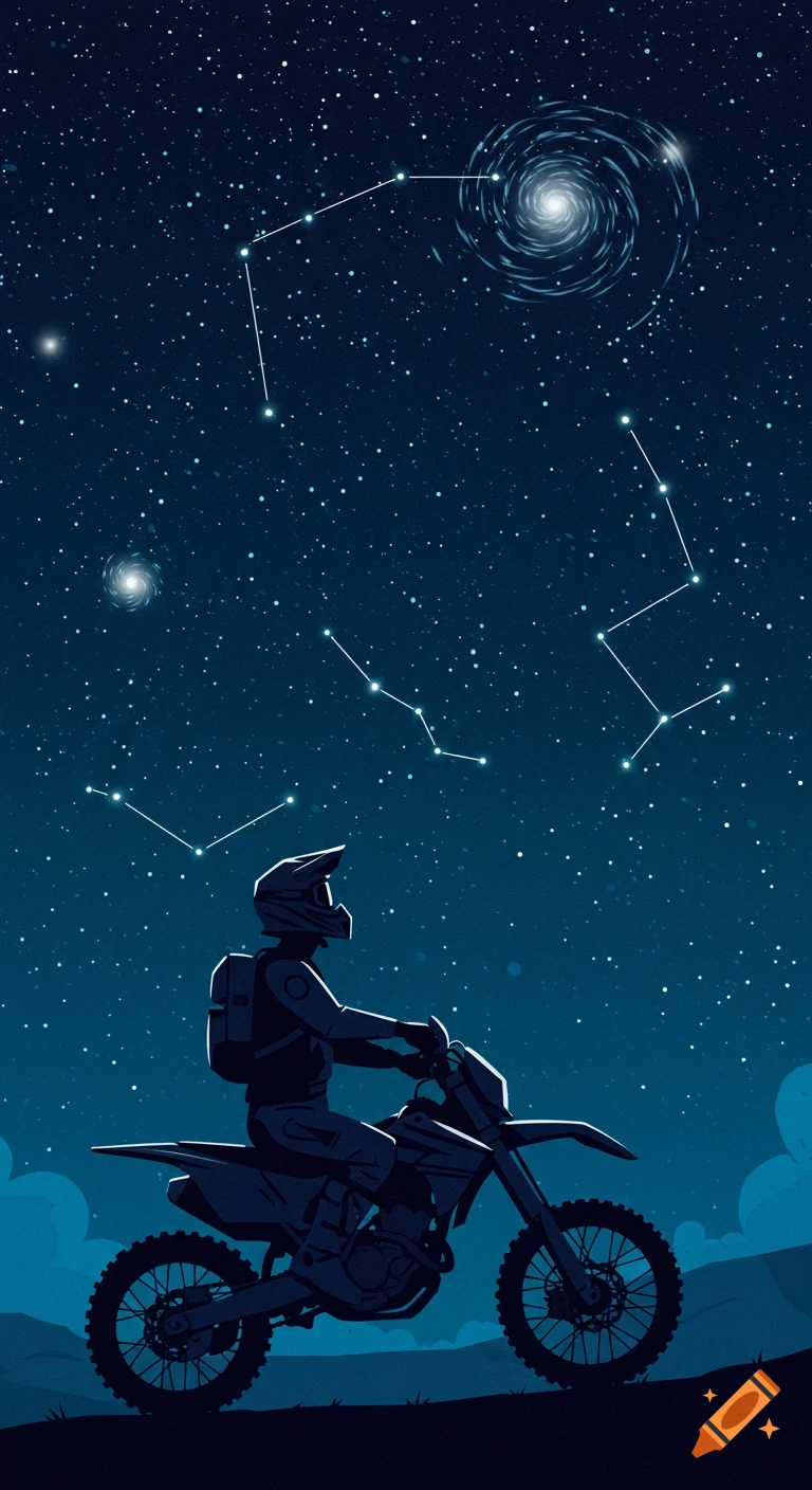 Cartoon illustration of a person on a dirt bike, silhouetted against a dark blue night sky with stars, constellations, and swirling galaxies.