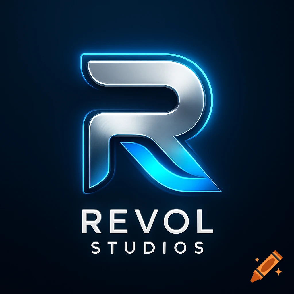A metallic silver letter R with a bright blue glow, above the words 'REVOL STUDIOS' in white on a dark background.