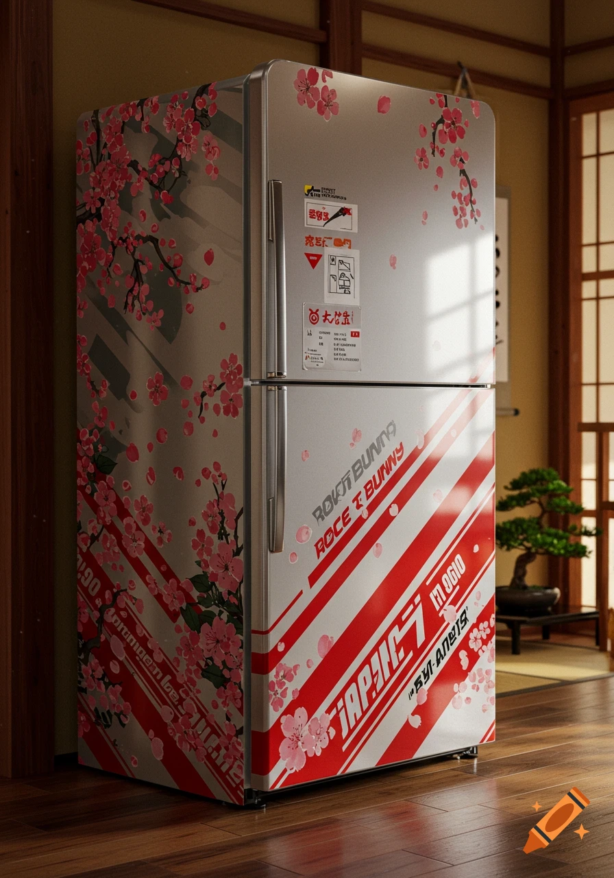 A silver refrigerator decorated with red stripes, Japanese text, and pink cherry blossom designs, standing in a room with a wooden floor and traditional Japanese screen.