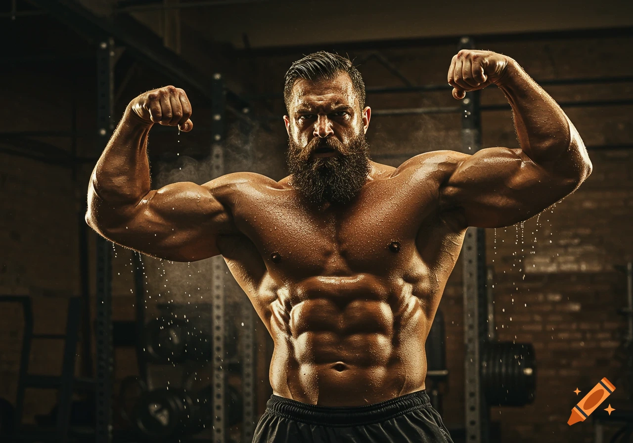 A muscular, bearded man, covered in sweat, flexing in a dimly lit gym.