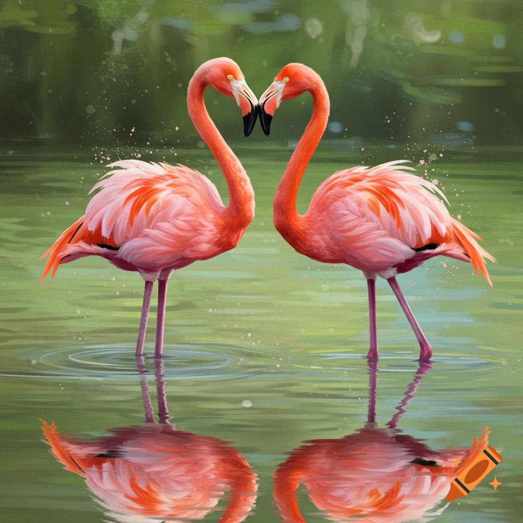 Two pink flamingos stand in water, their necks forming a heart shape, in a painterly style.
