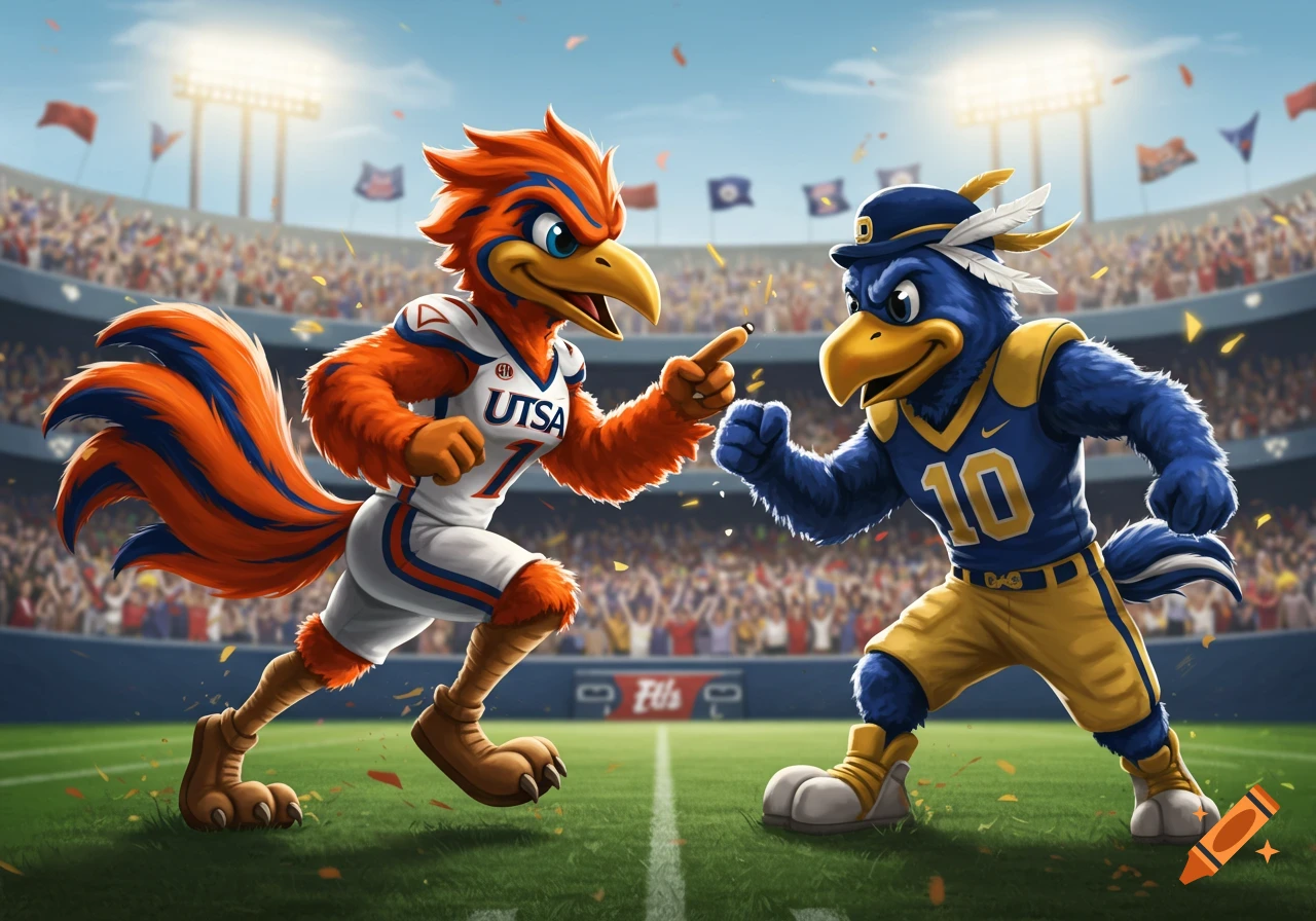 Two cartoon mascots, an orange bird and a blue bird, face off on a football field in a stadium with cheering crowds.