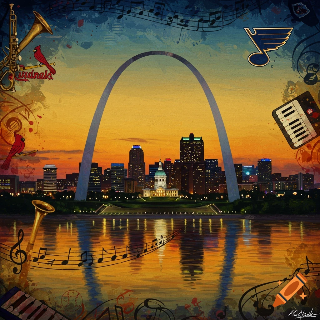Stylized mural of the St. Louis skyline and Gateway Arch at sunset, with a river reflection, musical instruments, notes, and St. Louis Blues and Cardinals logos.