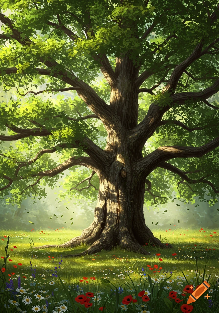A grand old tree with a thick trunk and green leaves in a sunlit meadow blooming with colorful wildflowers, illustrative style.