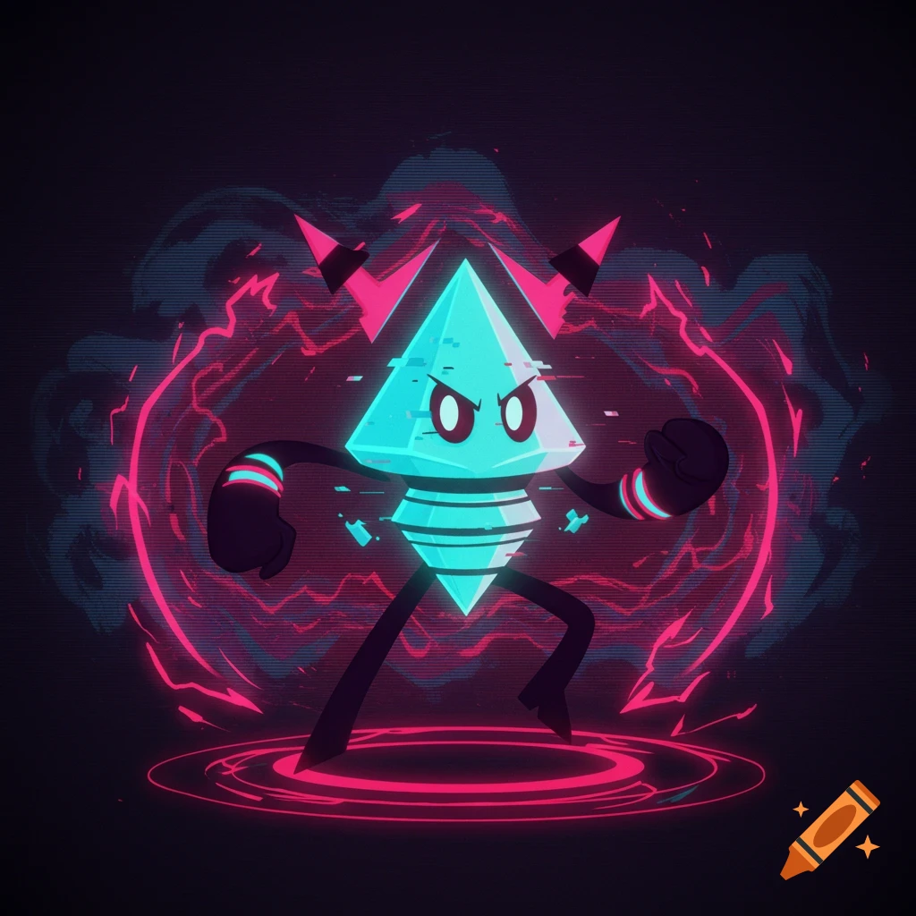 A neon cyan diamond-shaped character with black limbs stands amidst glowing pink glitching effects on a dark background in a digital art style.
