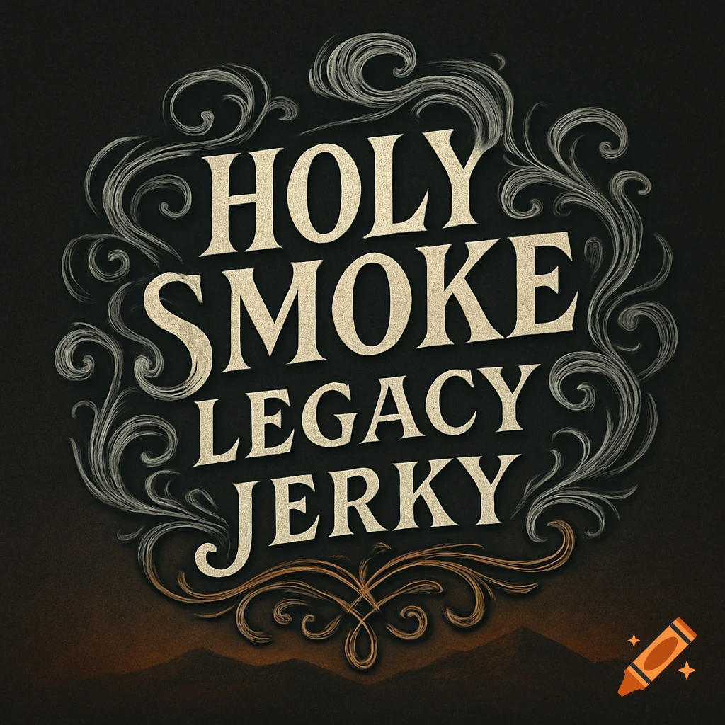A vintage-style logo for 'Holy Smoke Legacy Jerky' featuring ornate white and gold swirls on a dark background.