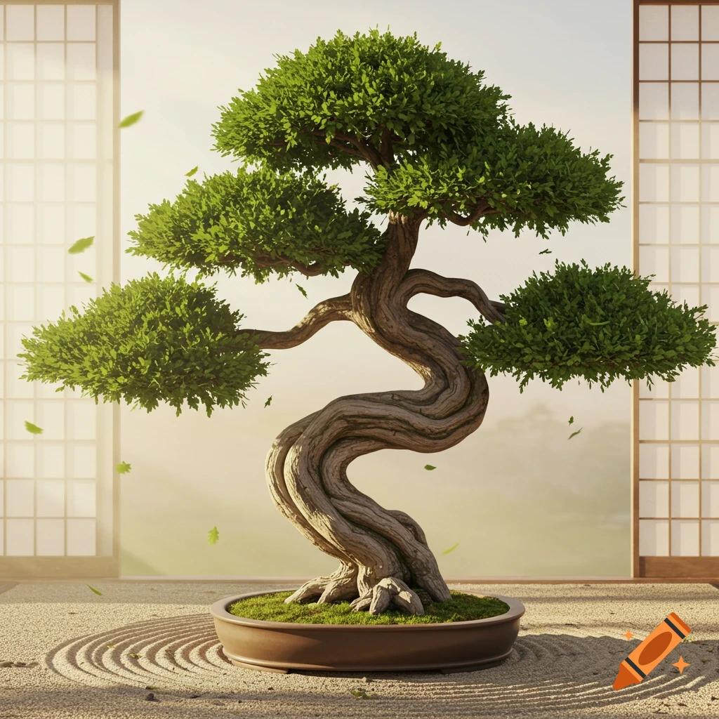 A photorealistic bonsai tree with a twisted trunk and green leaves in a pot, set in a raked sand garden with shoji screens in the background.