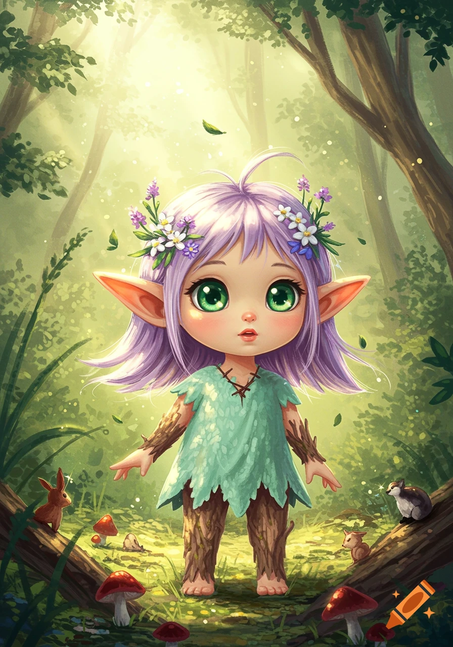 A cute elf with large green eyes and lavender hair, wearing a leaf outfit, stands in a magical forest with mushrooms and small animals.