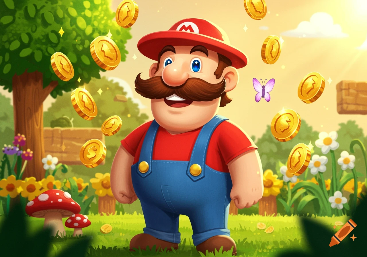 Cartoon illustration of Mario in a vibrant, sunny green field with floating gold coins, a butterfly, and red mushrooms.