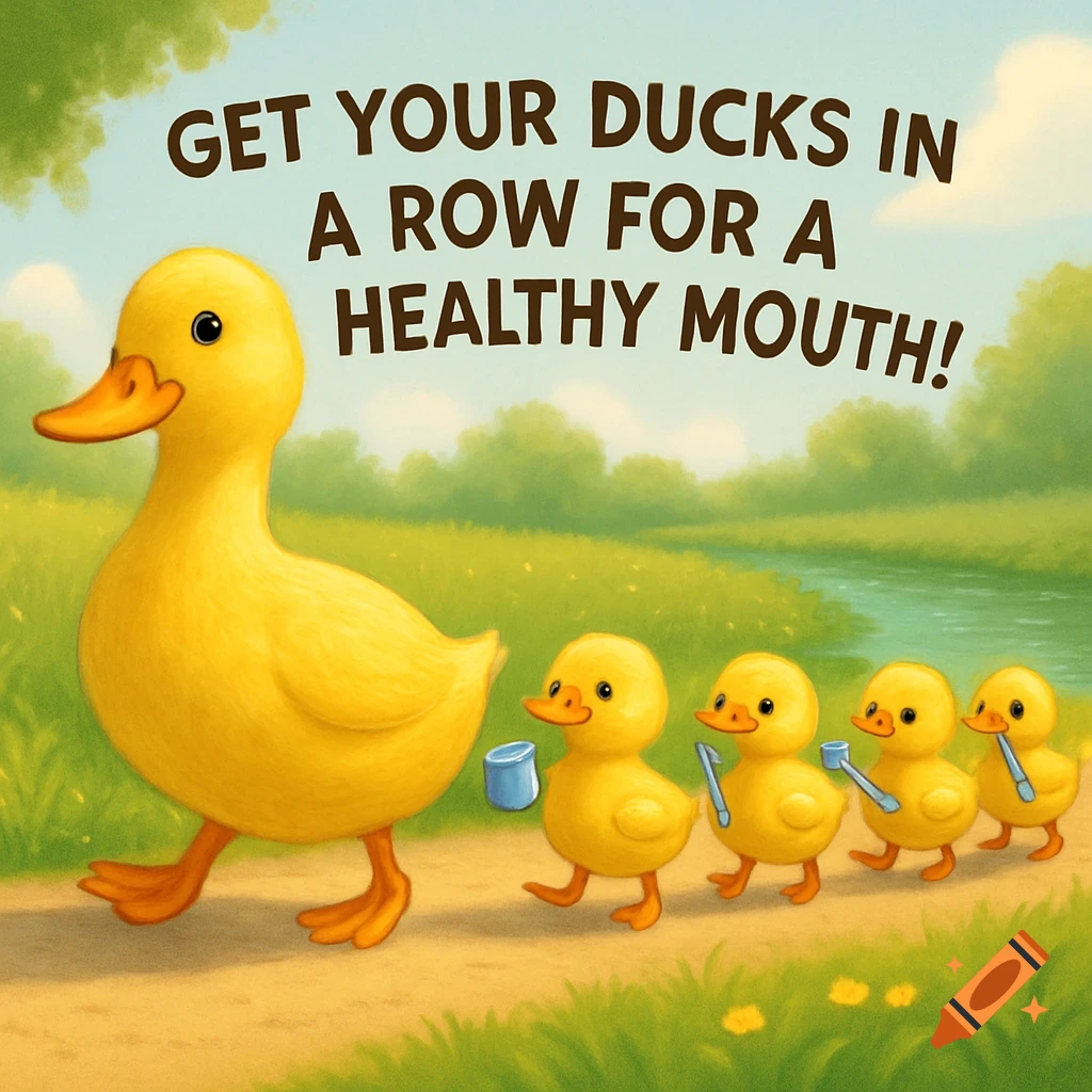 A large yellow duck leads four smaller ducklings holding dental tools along a path. Text: 'Get Your Ducks in a Row for a Healthy Mouth!'