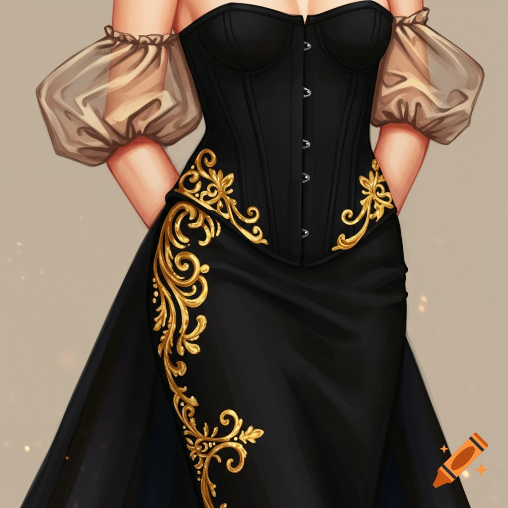 A detailed illustration of a woman wearing a black corset dress with gold embroidery and sheer off-the-shoulder sleeves.