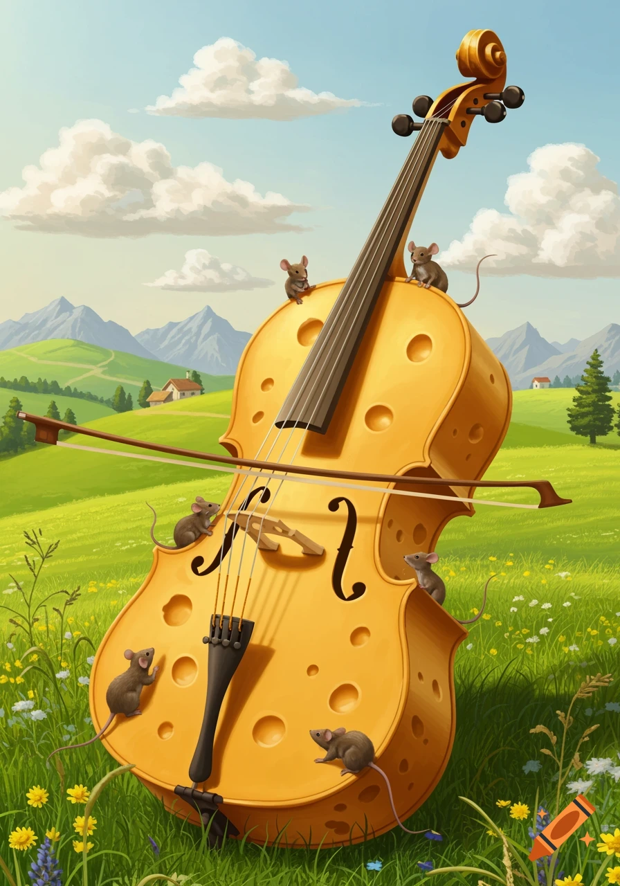 A whimsical image of a giant cello made of Swiss cheese standing in a vibrant green field, with several small mice climbing on it. Mountains are in the background under a blue sky with fluffy clouds.