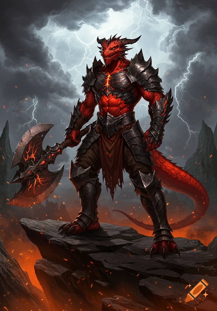 A red dragonborn in black jagged armor holds a giant battle axe, standing on a rocky outcrop under a stormy, lightning-filled sky.