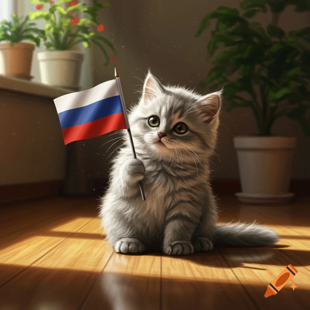 A fluffy grey kitten sitting on a wooden floor holding a small Russian flag.