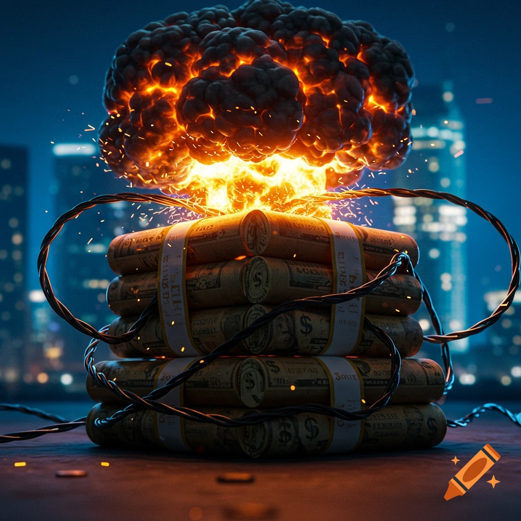 A massive explosion erupts from a stack of money bundles, set against a dark city skyline at night.