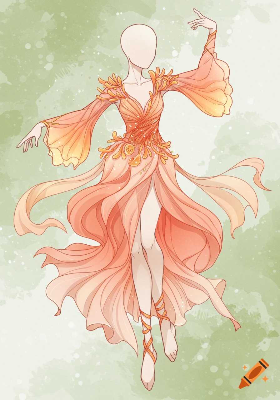 An ethereal illustration of a faceless figure in a flowing coral and orange fantasy dance costume with ornate floral details.