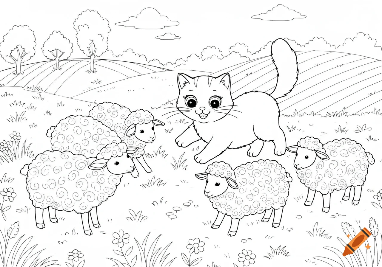 Line art drawing of a cute cartoon cat among four sheep in a grassy field with hills and trees, for a coloring book.