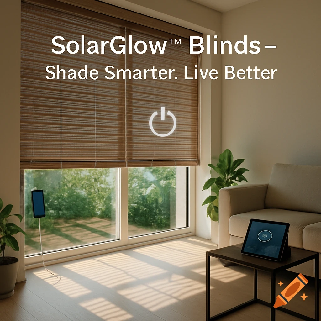 Photorealistic image of a modern living room with large windows, brown smart blinds, and sunlight. Text on blinds reads: SolarGlow Blinds - Shade Smarter. Live Better. A tablet and phone are visible.