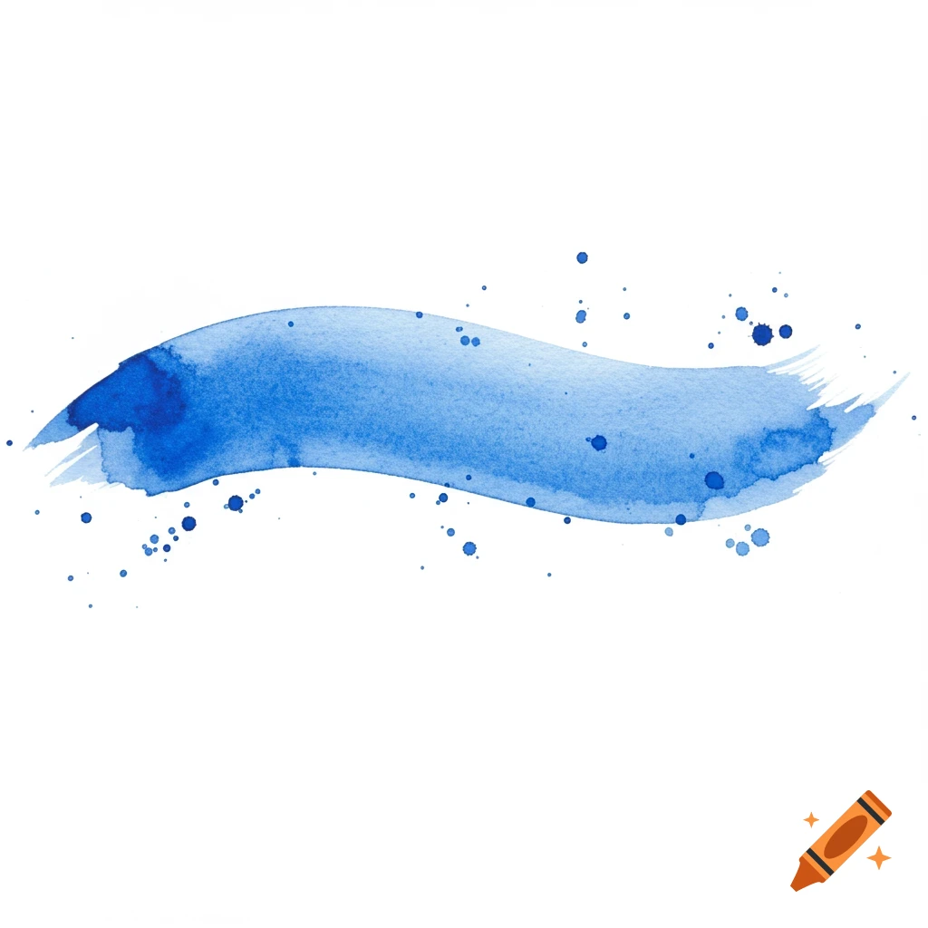 A wavy blue watercolor brush stroke with splatters on a white background.