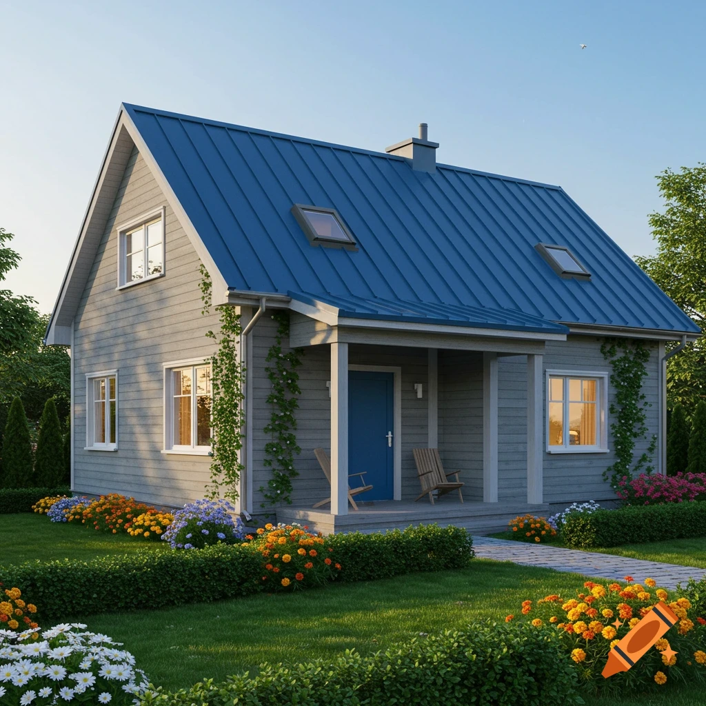 Photorealistic two-story house with gray siding, blue metal roof, and a vibrant garden.