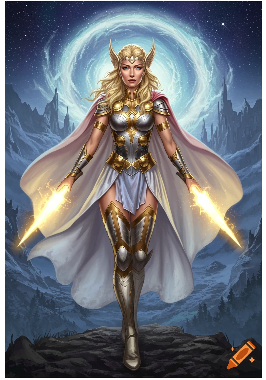 Digital illustration of a blond goddess in Asgardian armor, holding light beams, standing in a cosmic mountain landscape.