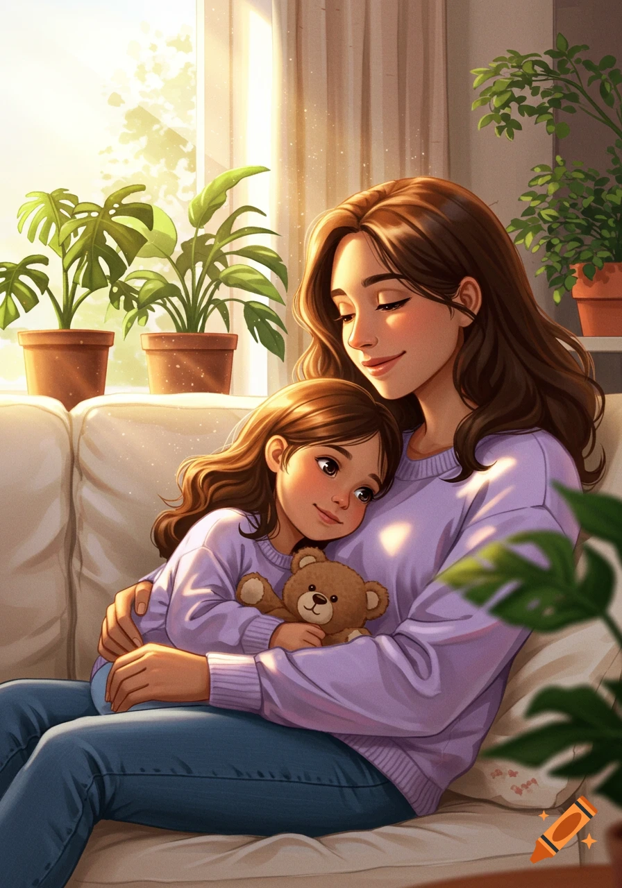 A warm digital illustration of a mother and daughter embracing on a couch, bathed in sunlight, with potted plants in the background.