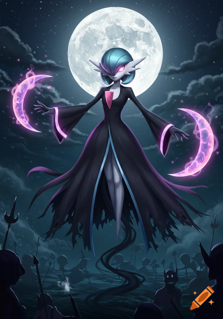A Gardevoir and Ceruledge fusion Pok asmon in a dark gown with glowing crescent blades floats under a full moon over a battlefield.