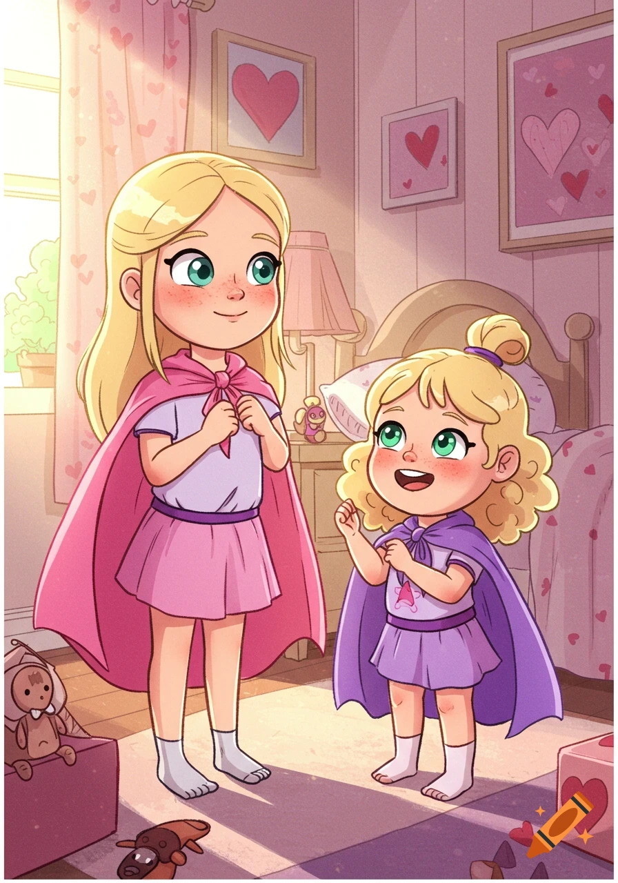 Two smiling cartoon girls, one in a pink cape and one in a purple cape, playing in a bright, heart-themed bedroom.