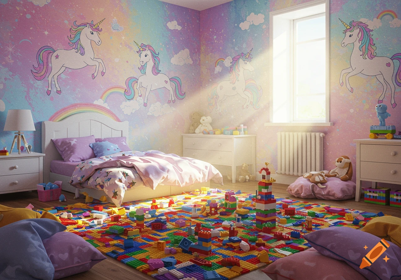 Colorful child's bedroom with unicorn wallpaper, a bed, and a floor covered in various building blocks.