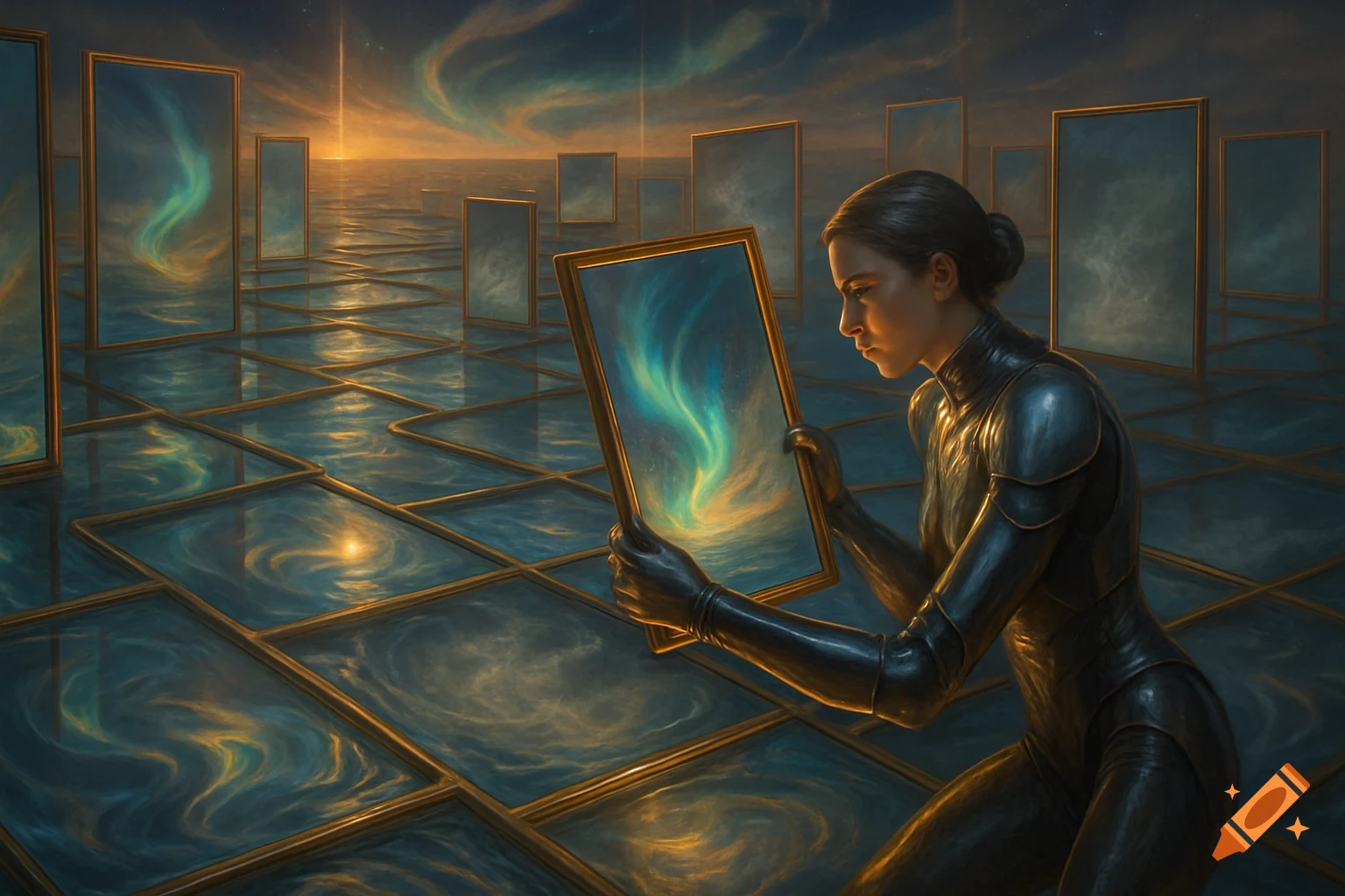 A woman in a dark suit kneels, looking into a mirror reflecting a swirling nebula, in a surreal landscape filled with mirrors.