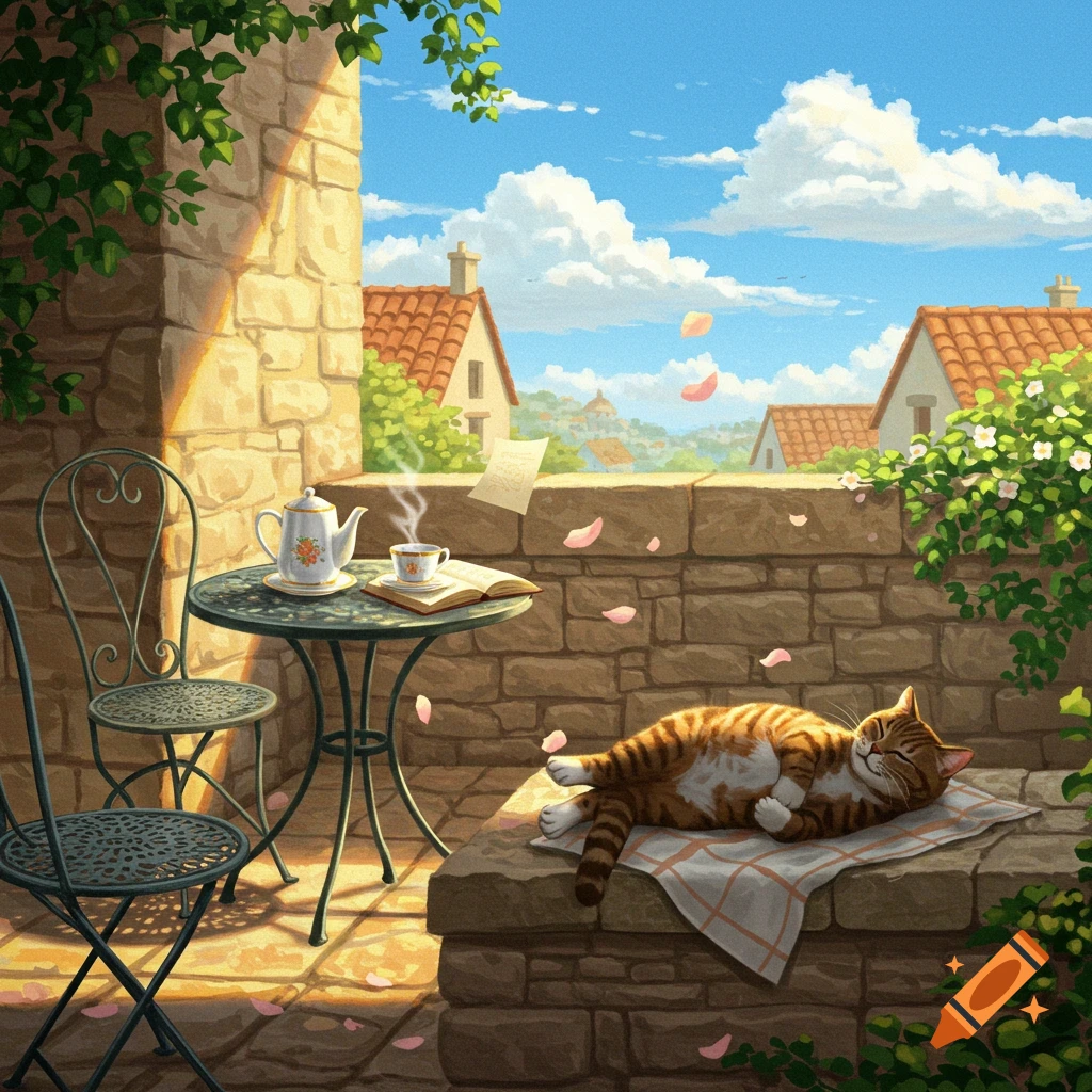 A lazy orange tabby cat sleeps on a white cloth on a sun-drenched stone wall patio with a tea set, open book, and village view.