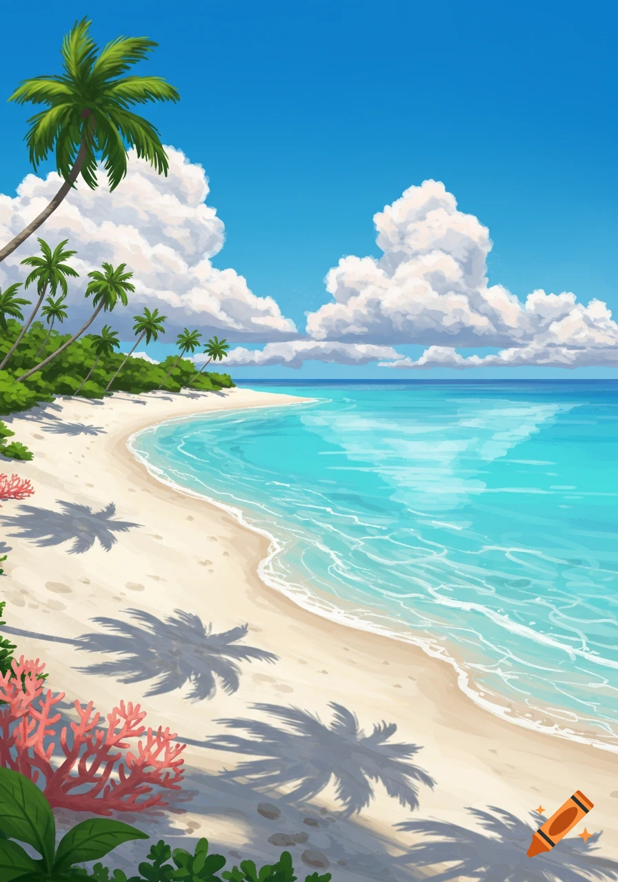 Cartoon tropical beach with white sand, palm trees, turquoise water, and fluffy clouds under a blue sky.