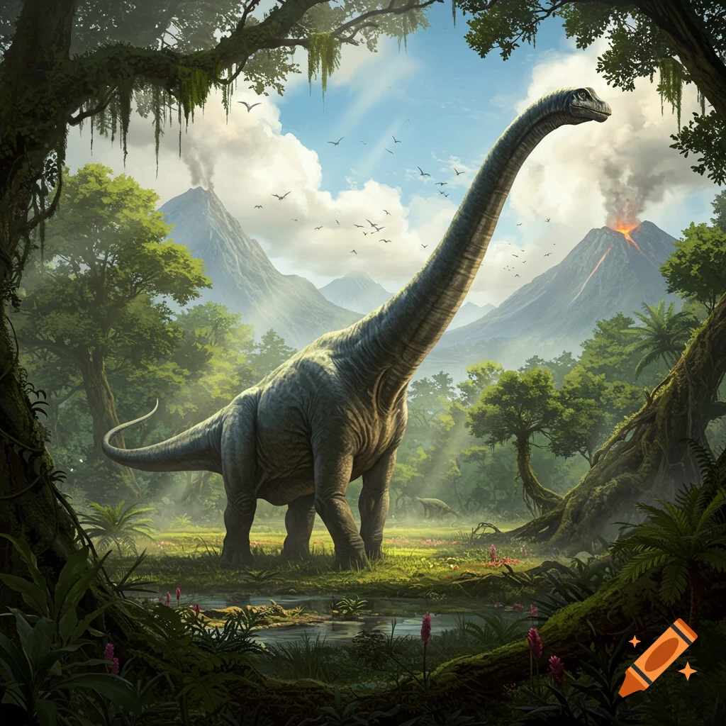A large sauropod dinosaur in a lush prehistoric jungle with erupting volcanoes and birds flying.