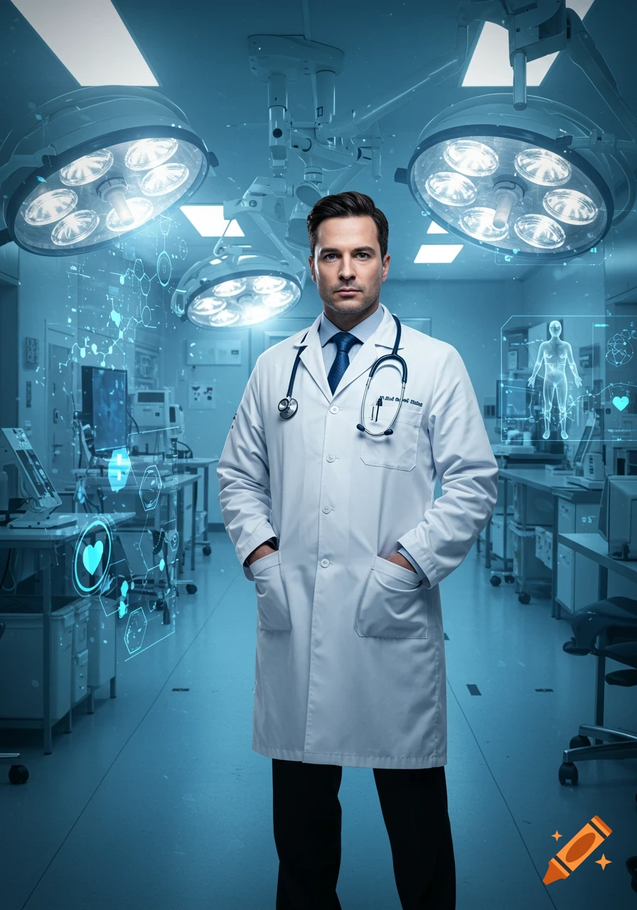 Photorealistic male doctor in white lab coat with stethoscope in a futuristic operating room with holographic displays.