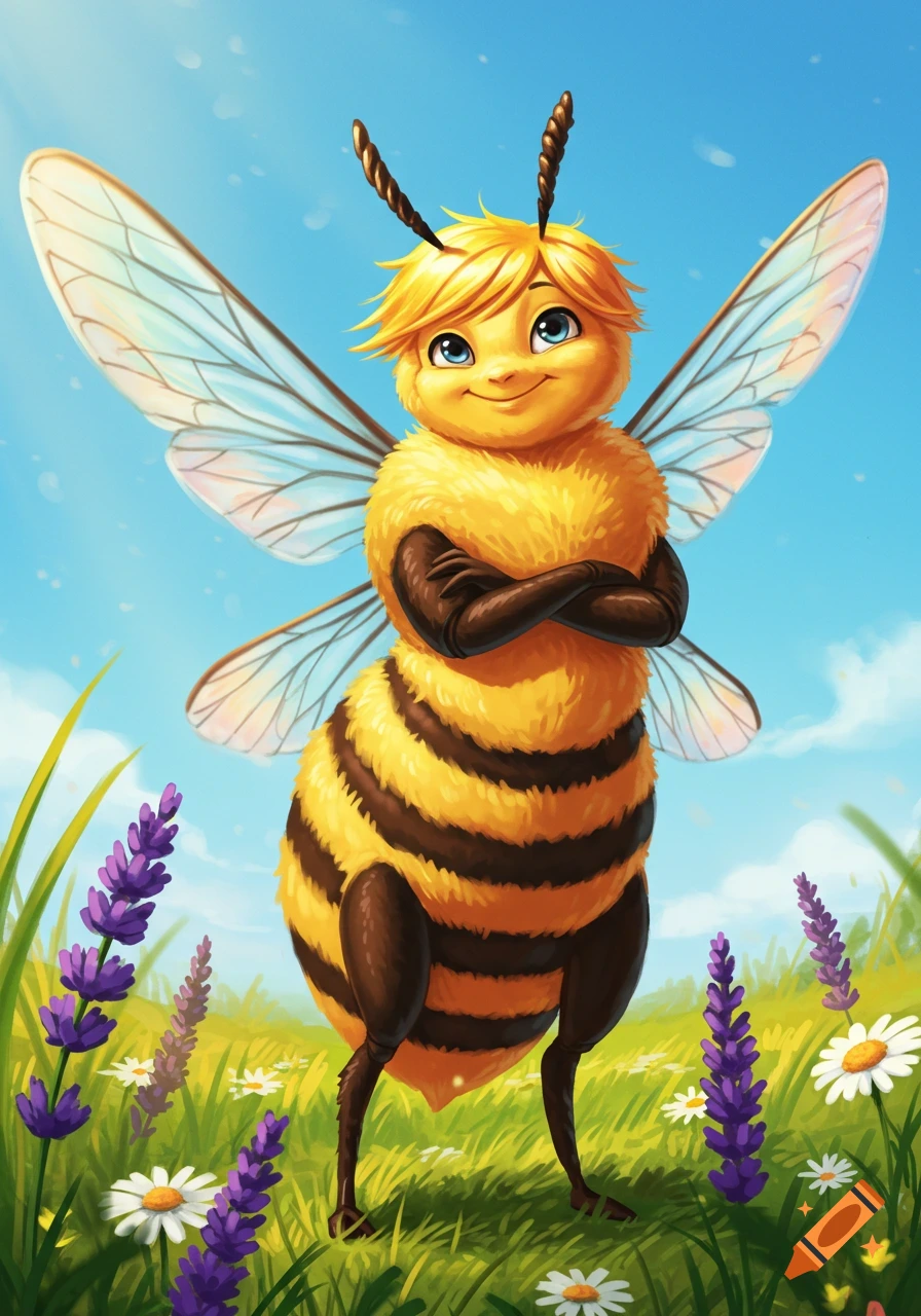 A smiling anthropomorphic bee with blond hair and crossed arms stands in a green field with lavender and daisies under a blue sky, in a colorful illustration style.