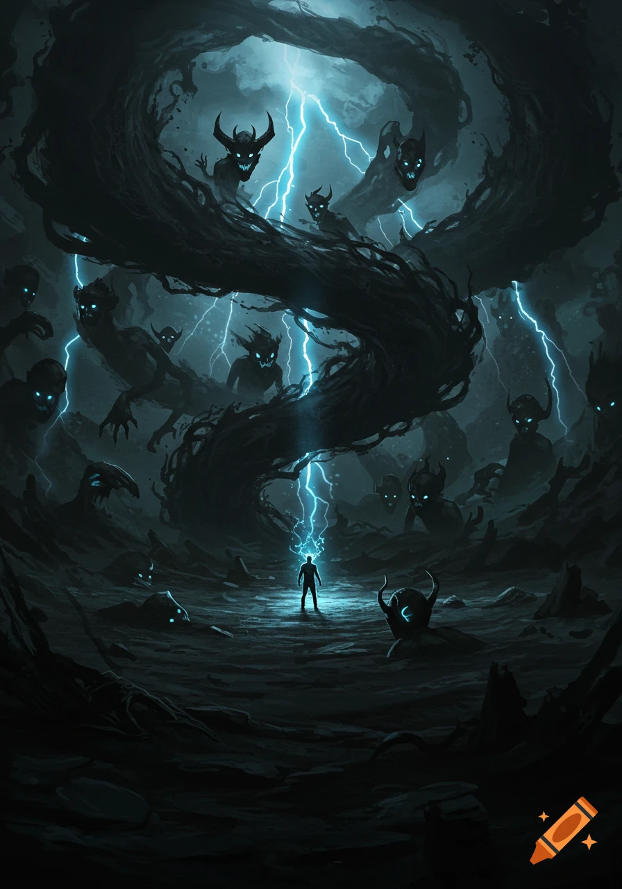 Dark fantasy art of a person surrounded by shadowy demons with glowing blue eyes and horns, illuminated by blue lightning in a desolate landscape.
