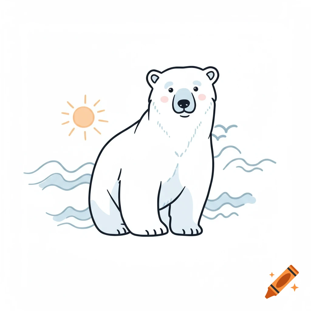 A cute, minimalist Scandinavian-inspired cartoon polar bear sits with a sun and wavy lines in the background.