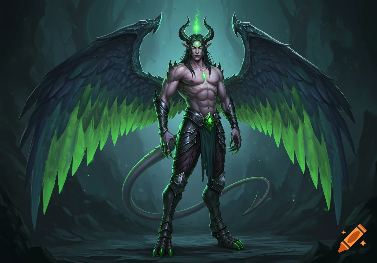 A powerful male fantasy hellhound character with large dark and lime green wings, dark armor, glowing green eyes, horns, and a tail, stands in a mystical dark setting.