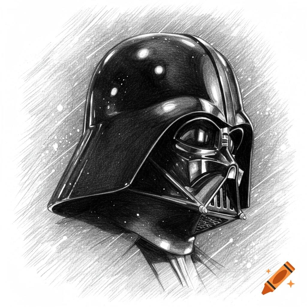A black and white sketch of Darth Vader's helmet in a side profile view, rendered with pencil strokes and white highlights.