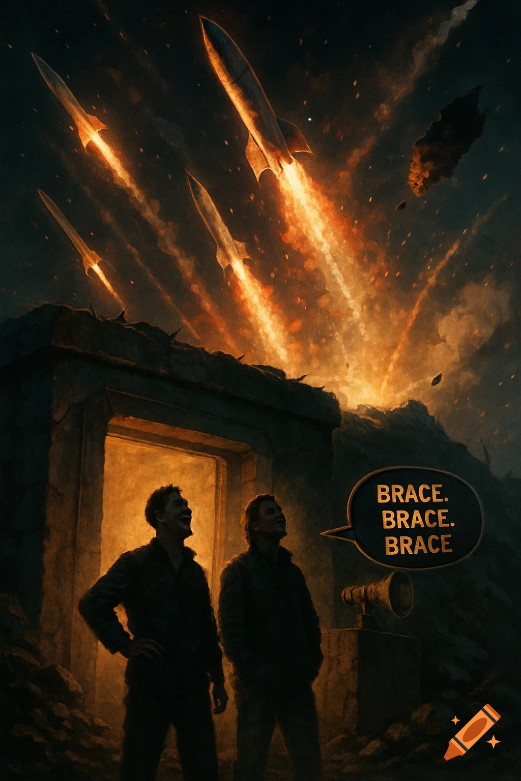 Two men watch rockets launch and explode from outside a bunker at night, with text saying "BRACE. BRACE. BRACE" and debris falling.