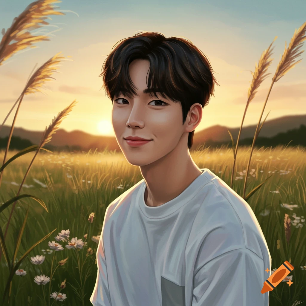 A young Korean man smiles in a field of tall grass and wildflowers at sunset, with mountains in the background.