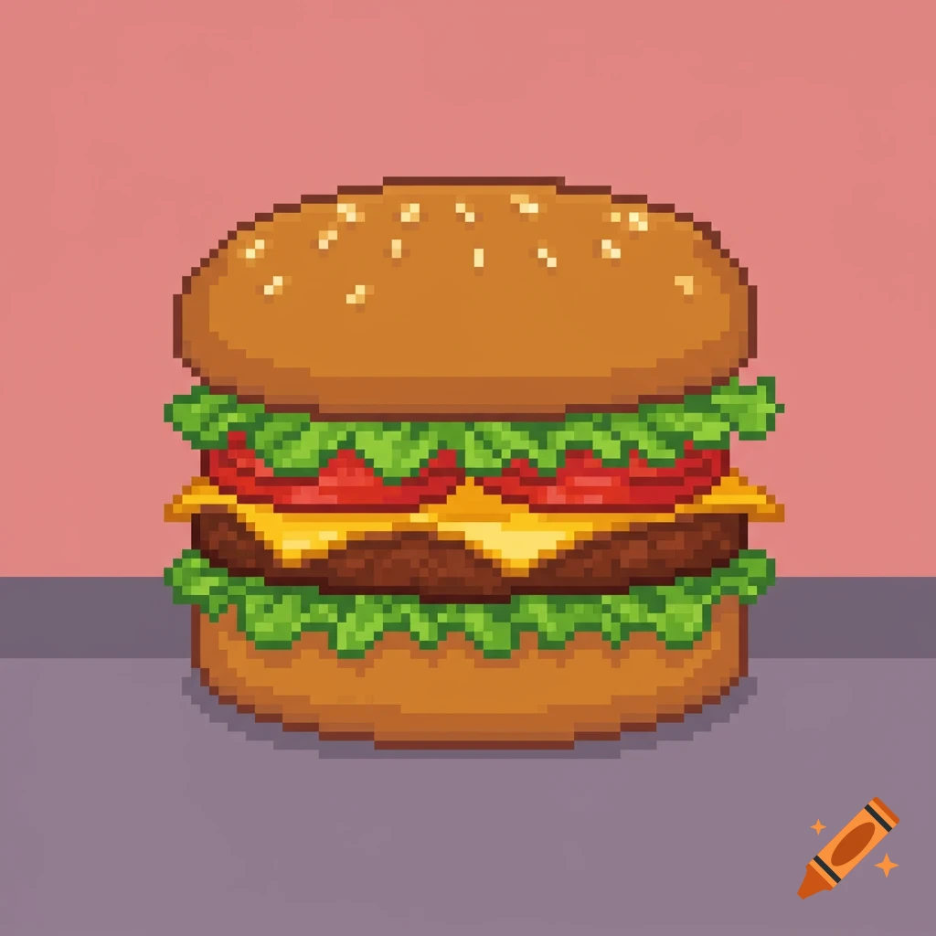 A detailed pixel art illustration of a hamburger with lettuce, tomato, cheese, and a sesame seed bun, against a two-tone background.